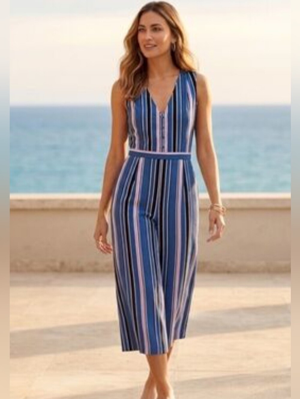 New! 1901 Striped Cropped Sleeveless Tie Back Cropped Striped Jumpsuit